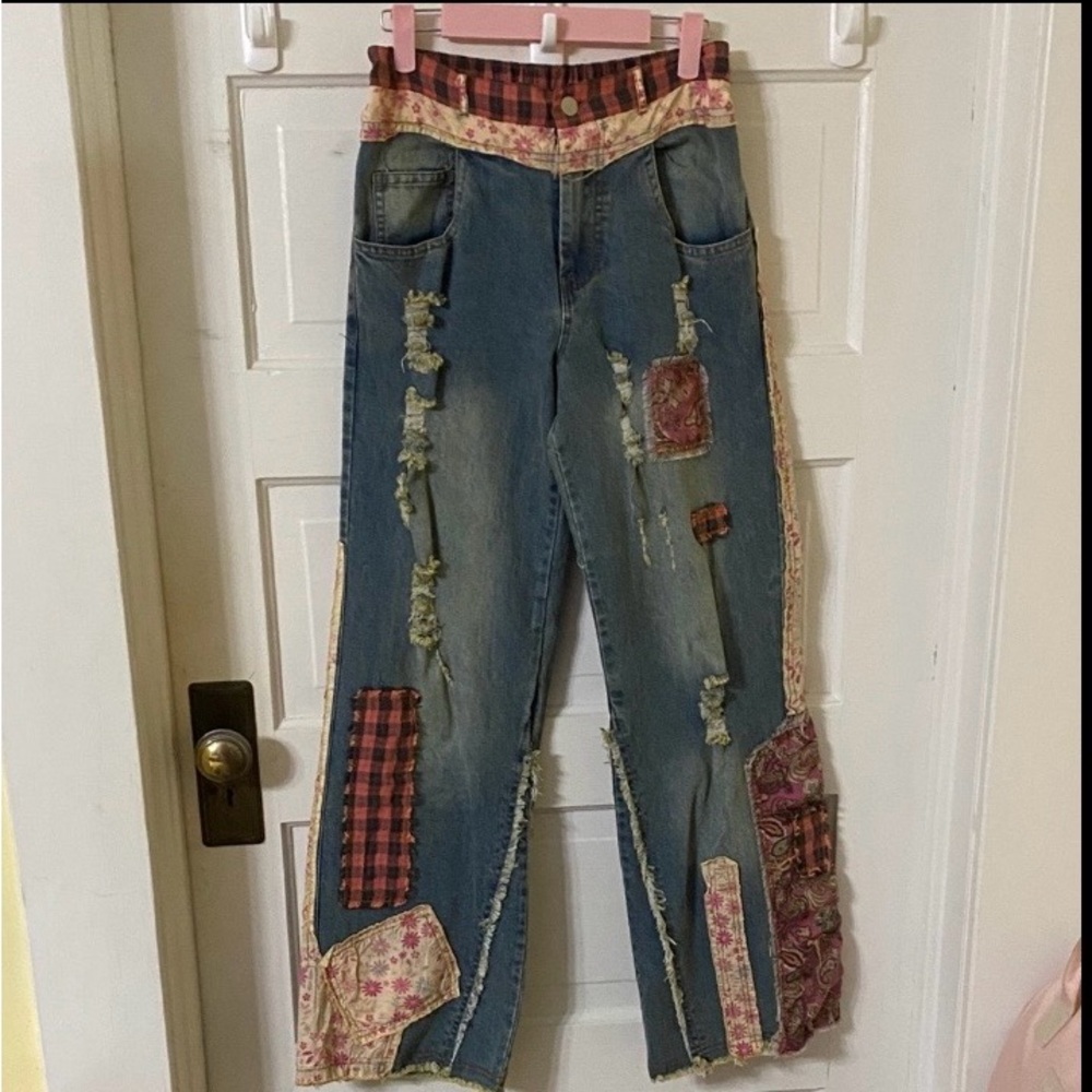 NWT Boho Patchwork Wide Leg Jeans | Floral Plaid Mixed Media Denim - Picture 9 of 9